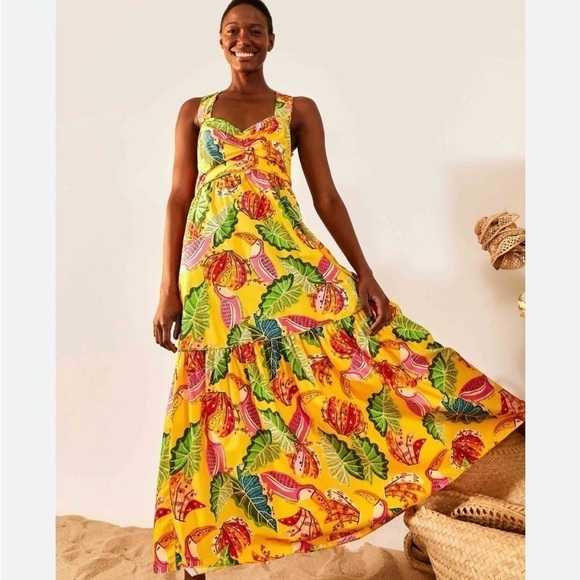 FARM RIO RUFFLE TIERED MAXI DRESS TIE BACK FUN PRINT BIRDS SIZE XS NWT - Picture 1 of 13